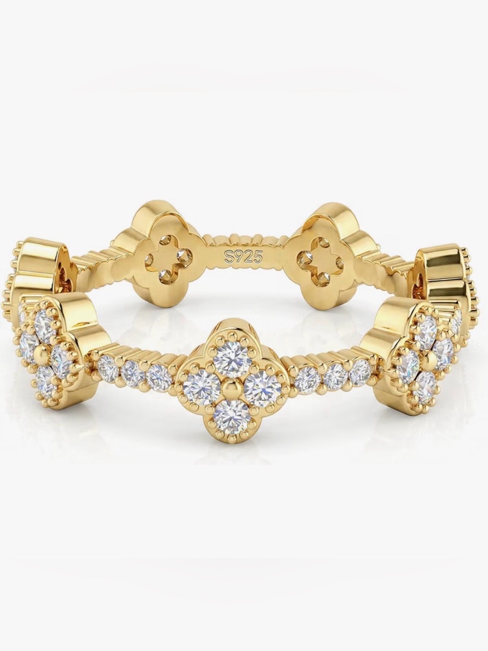Gold Plated Clover Halo Stacking Ring with White Cubic Zirconia